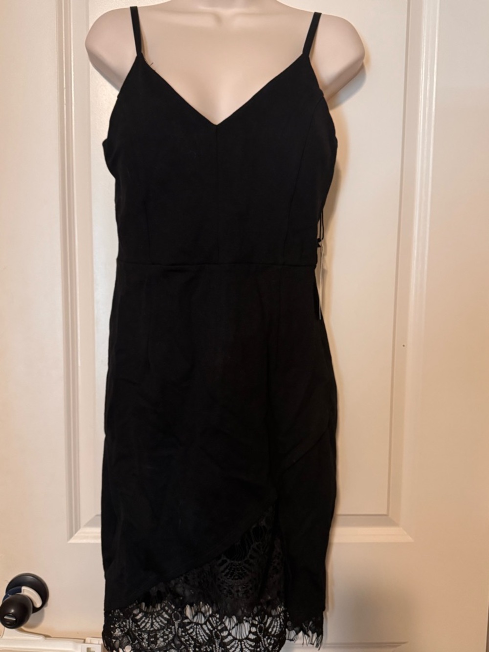 Black Lace Hem Spaghetti Adjustable Strap Dress LBD NWT